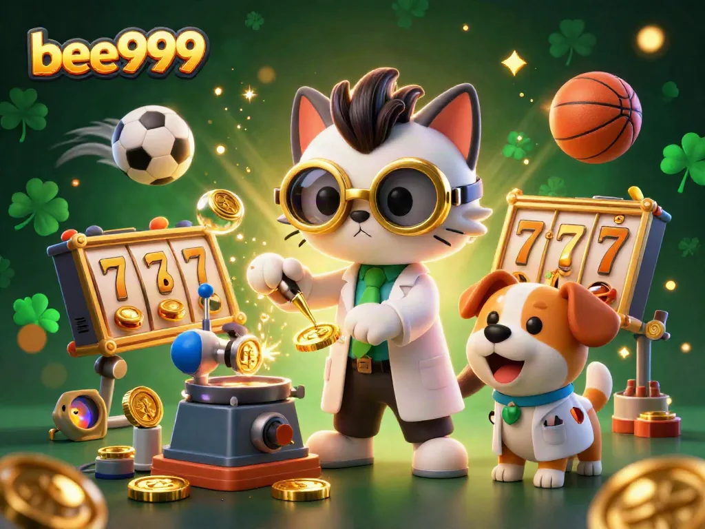 Engage with bee999's thrilling casino scene featuring a mad scientist cat and dog, jackpot slots, and dynamic sports elements.