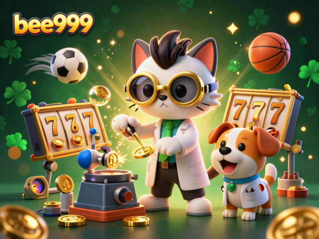 Engage with bee999's thrilling casino scene featuring a mad scientist cat and dog, jackpot slots, and dynamic sports elements.