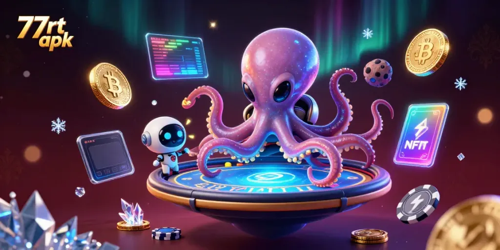 Experience the engaging 77rt apk with a vibrant alien octopus playing poker in space.