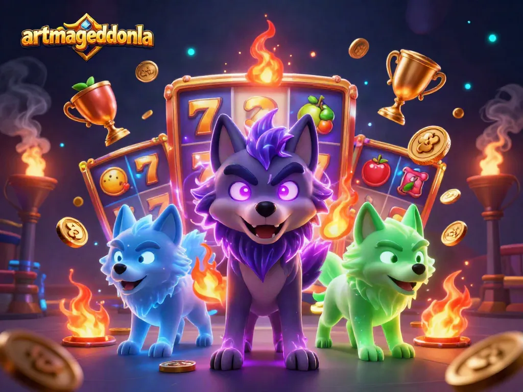 Join the action with "artmageddonla" as glowing wolves navigate vibrant slot reels in a thrilling casino scene.