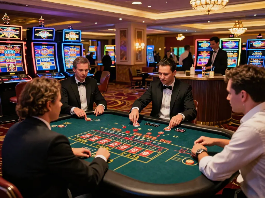 Exciting 9bet casino scene with players engaging at roulette and slot machines in a vibrant atmosphere.