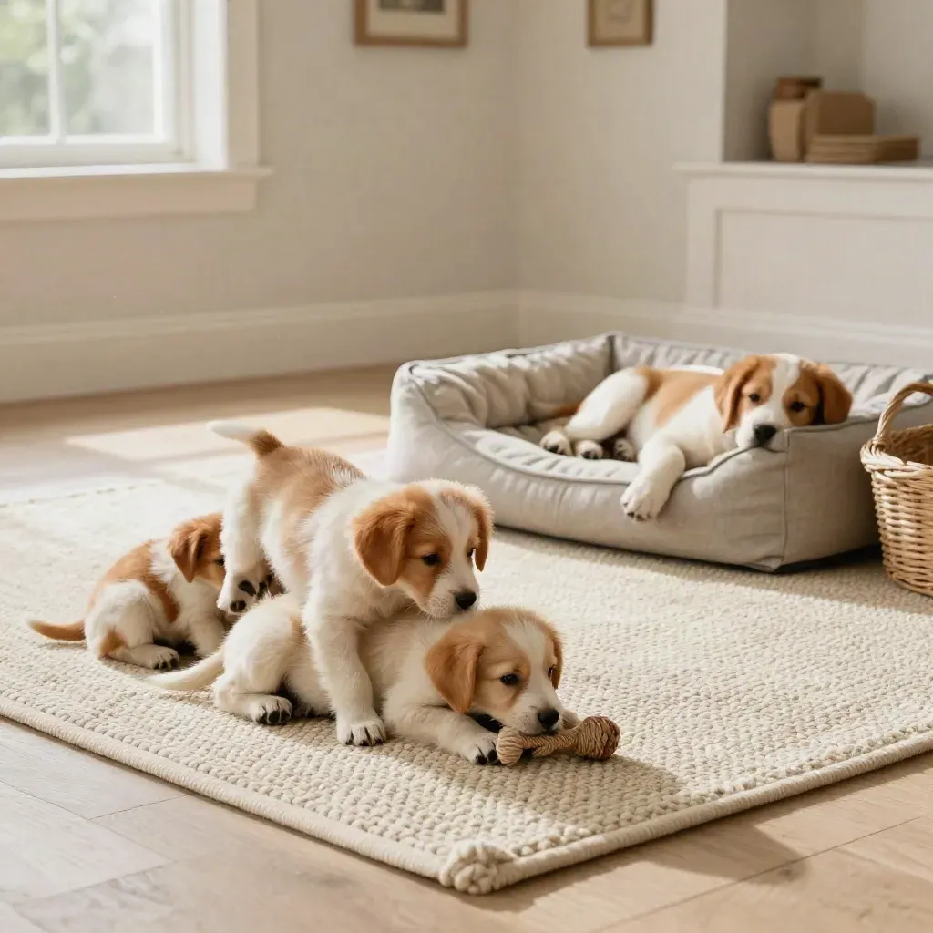 Four red and cream puppies tumble on a cream rug beside their resting mother in a sunlit room.