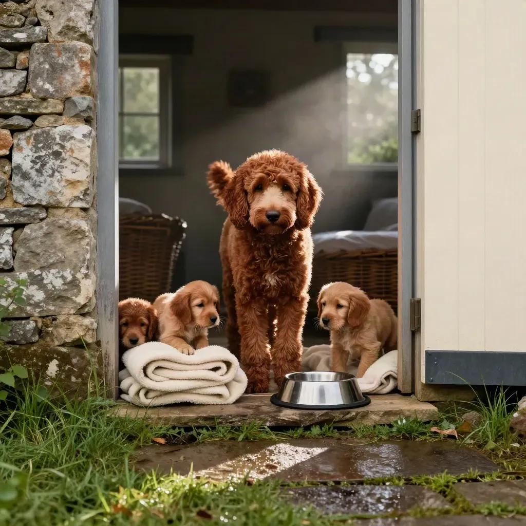 Red doodle adult with three puppies at a cottage threshold with bed, bowl and fleece at dawn.