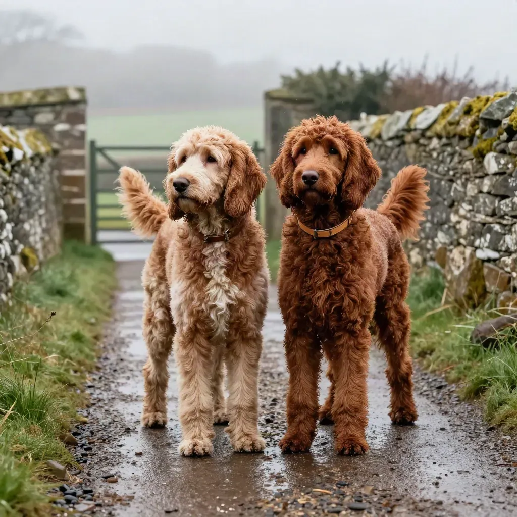 Two red doodles stand in a misty stone lane, turning toward a distant sound.