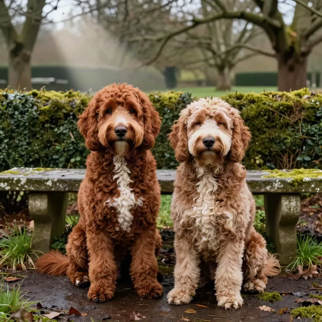 Two calm red doodle parents on a mossy orchard edge beside a stone bench