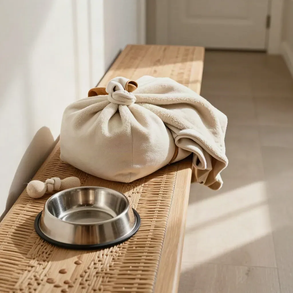 Top-down hallway bench flat lay of a puppy home pack: fleece, bowl, water dish, chew toy, blanket.