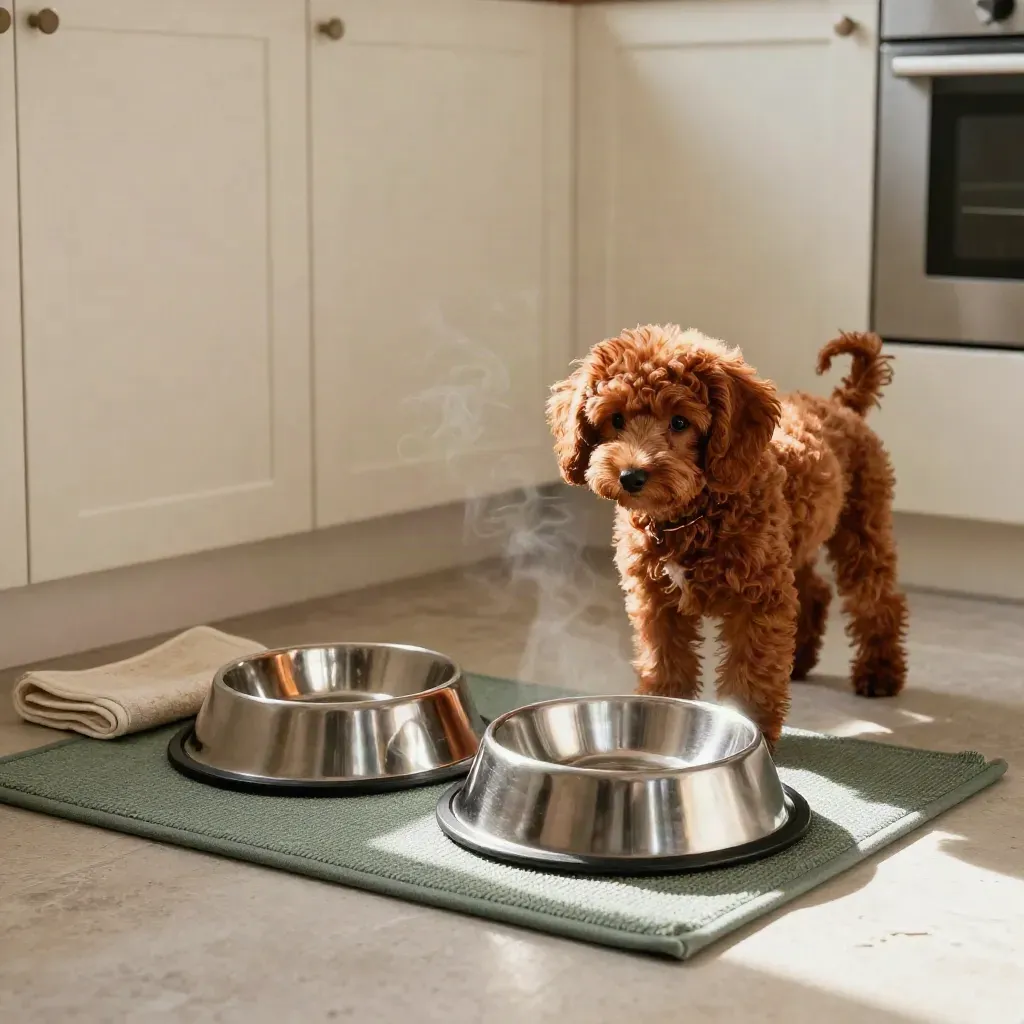 Puppy waiting by steel food and water bowls on a green mat in a sunlit kitchen corner.