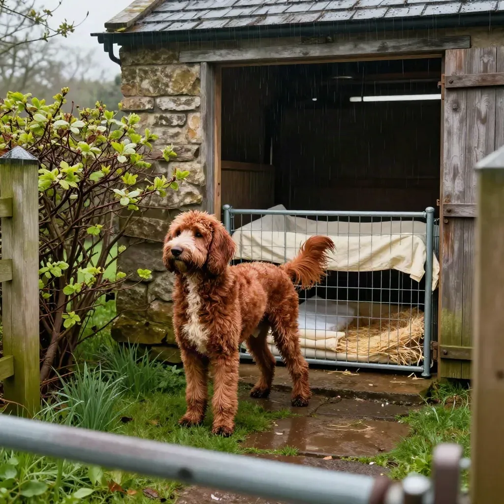 Pregnant red doodle dam in a spring yard beside a barn whelping pen after rain