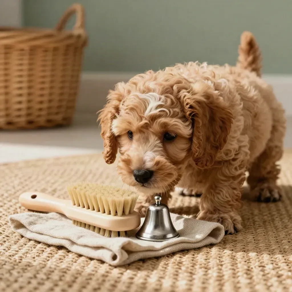 Puppy leans into a brush beside a bell on a woven mat