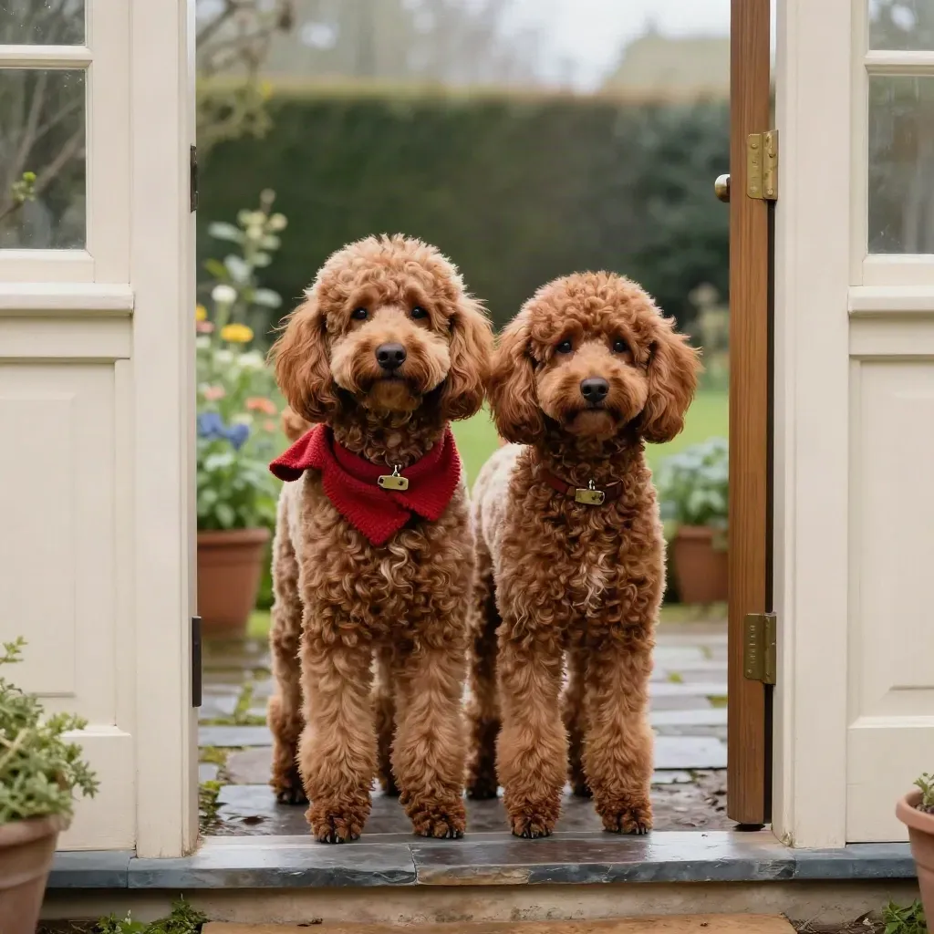 Two red doodles at a back door, listening into a damp evening garden.
