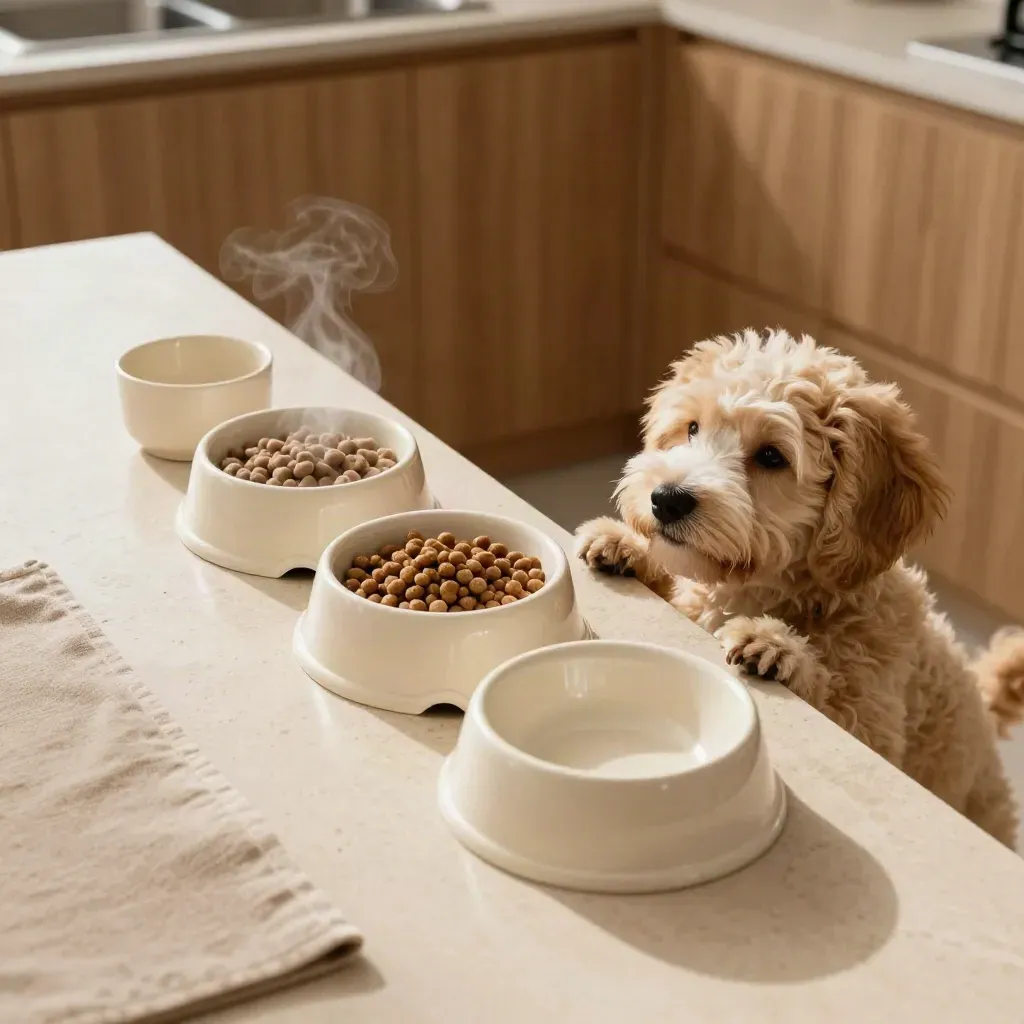 Three cream feeding bowls and cups with a waiting doodle puppy on a kitchen floor.
