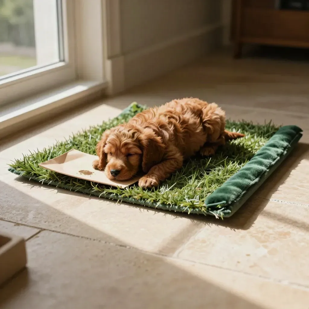Sleepy red doodle puppy beside a grass mat puppy pad in a bright utility-room corner.