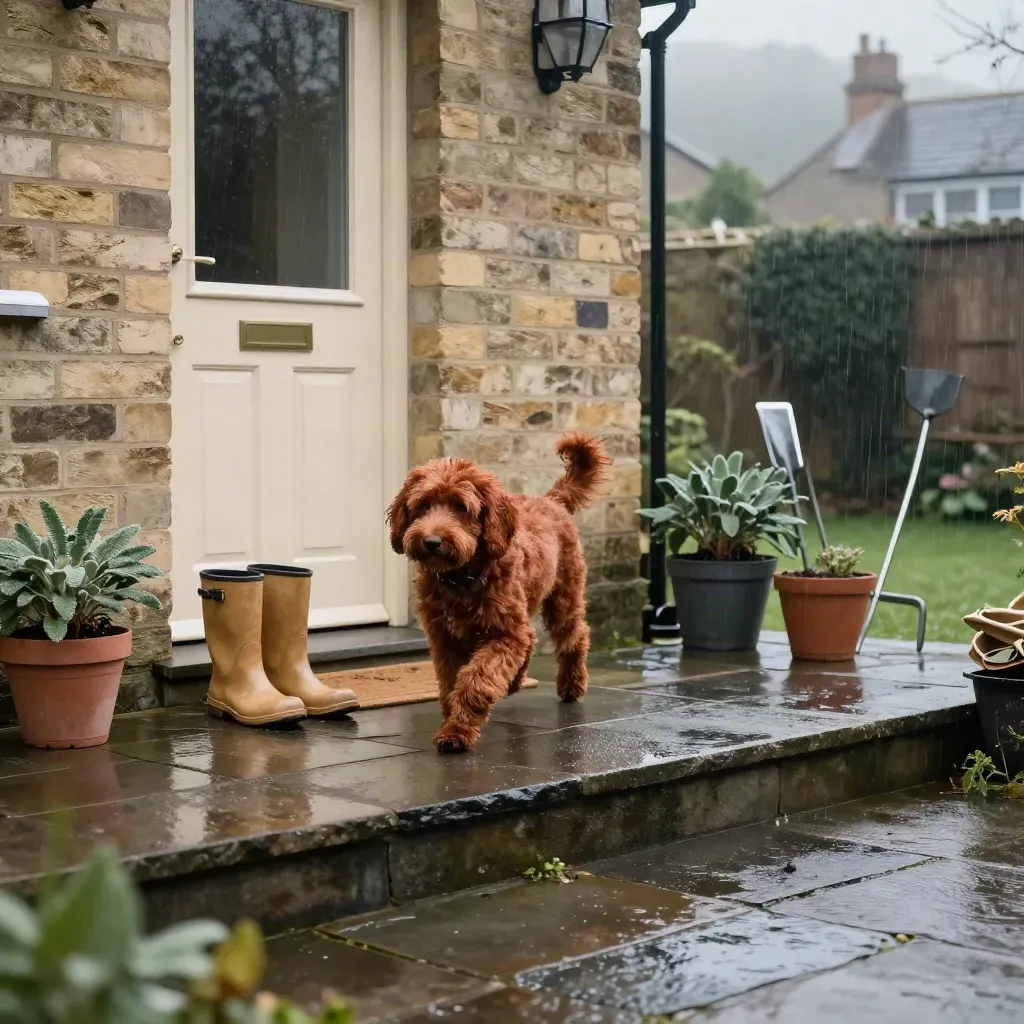 Red doodle pup trotting toward a back door on a wet South Wales patio in soft rain.