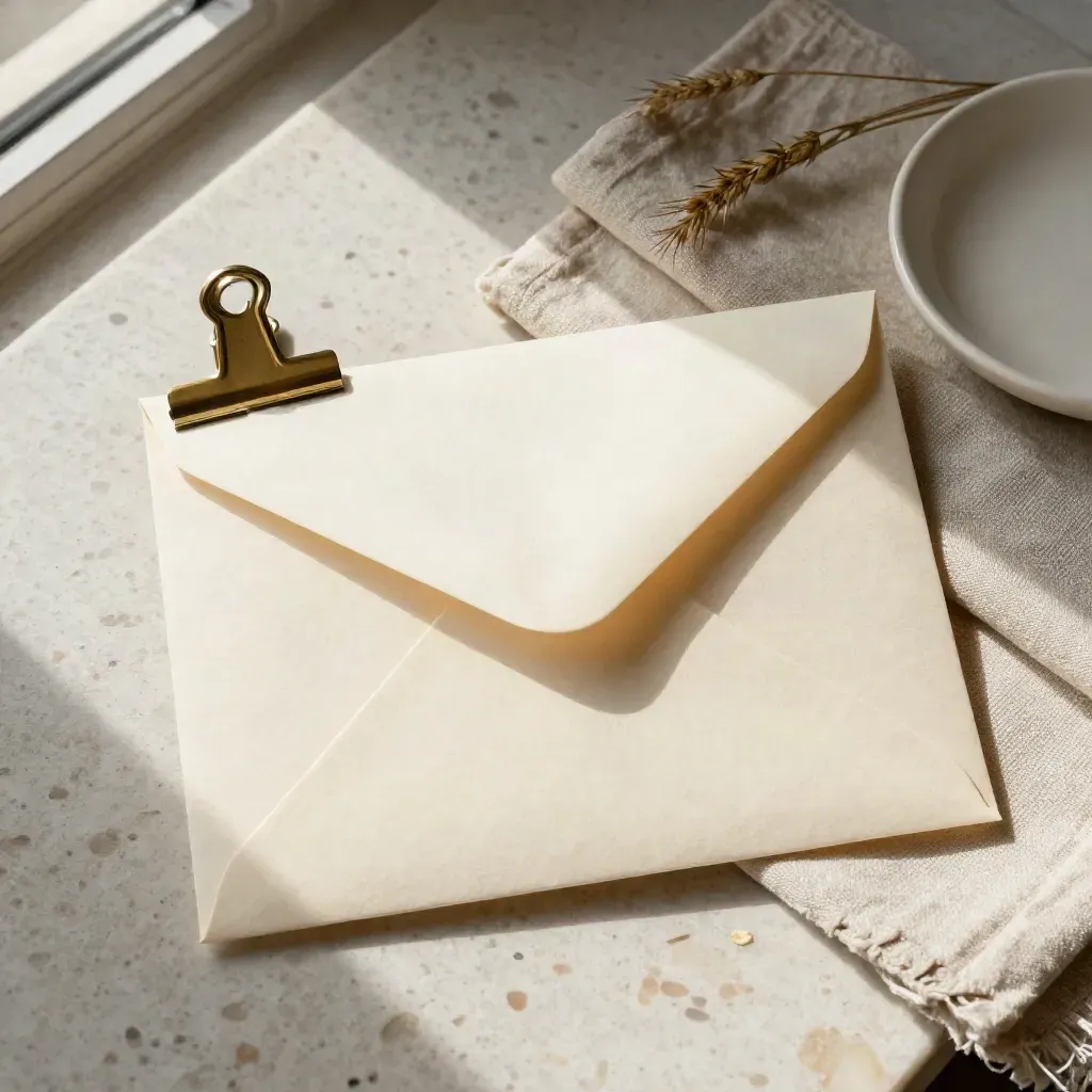 Cream puppy reservation envelope with ribbon tie, brass clip, linen cloth and ceramic dish on travertine.