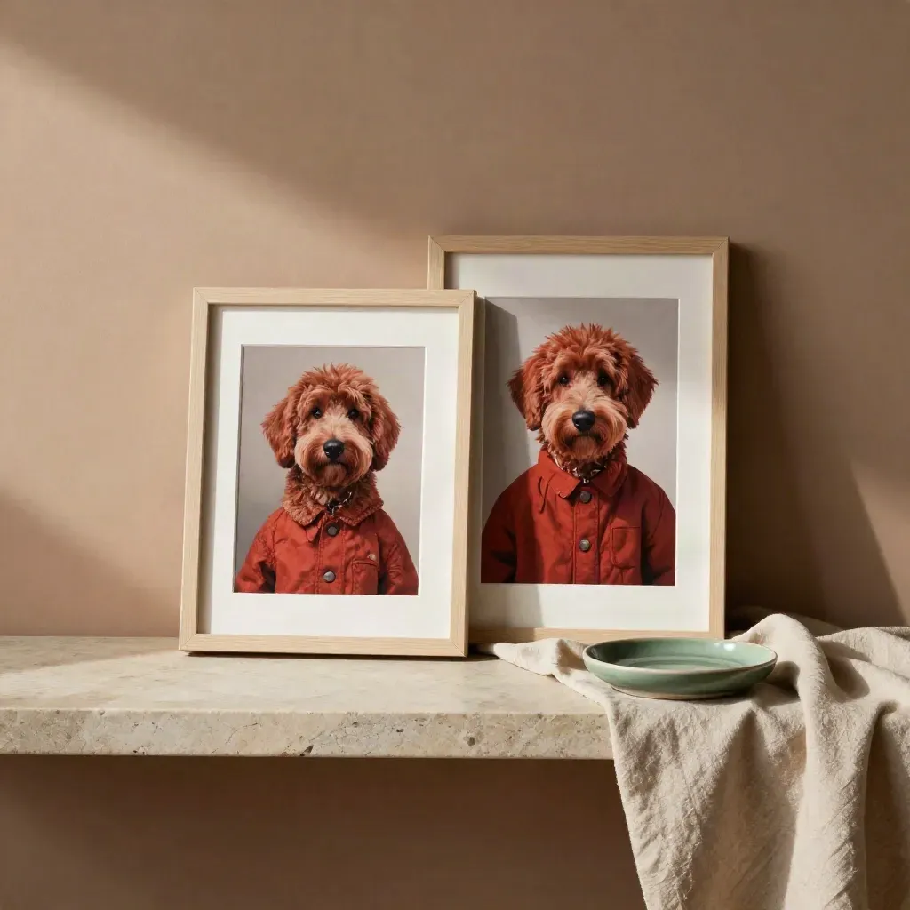 Two framed red doodle parent portraits on stone shelf with ribbon and ceramic dish