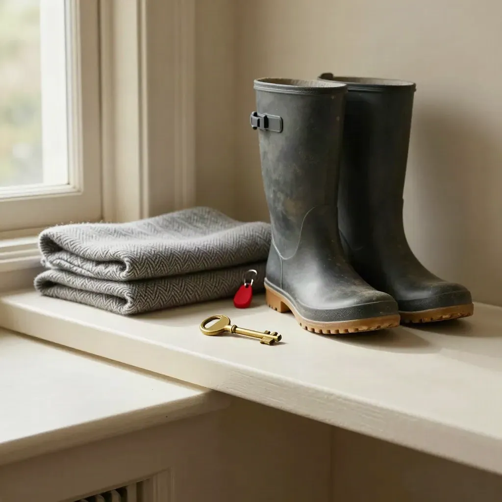 Brass house key, folded throw and wellies by a cream hallway shelf with soft window light.