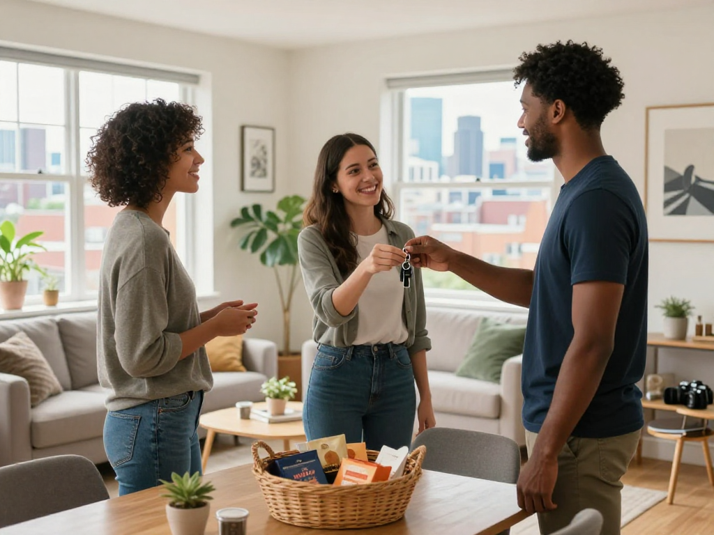airbnb management bristol host welcoming guests into a stylish two-bedroom apartment in Bristol, highlighting a warm, inviting atmosphere.