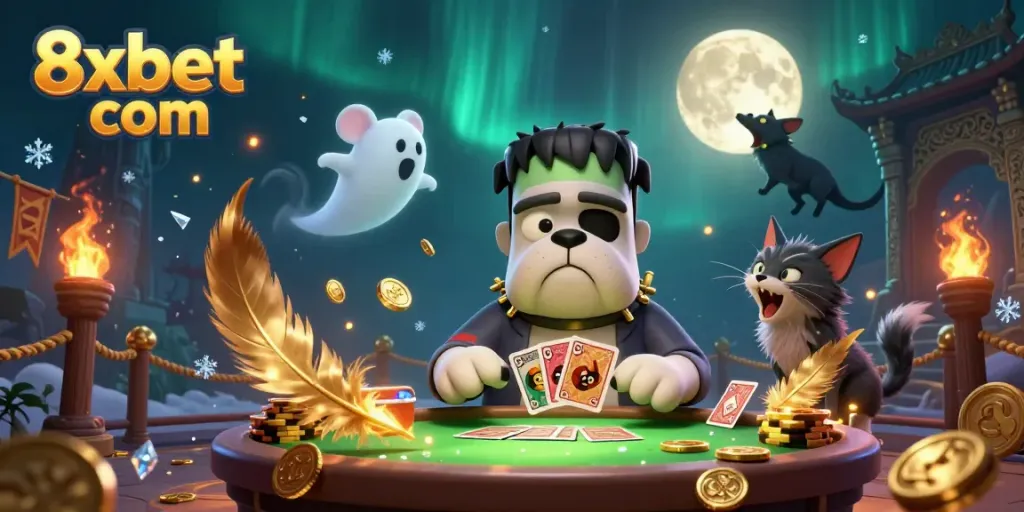 Engage with thrilling gaming actions at 8xbet com, featuring lively characters in a casino-themed scene.