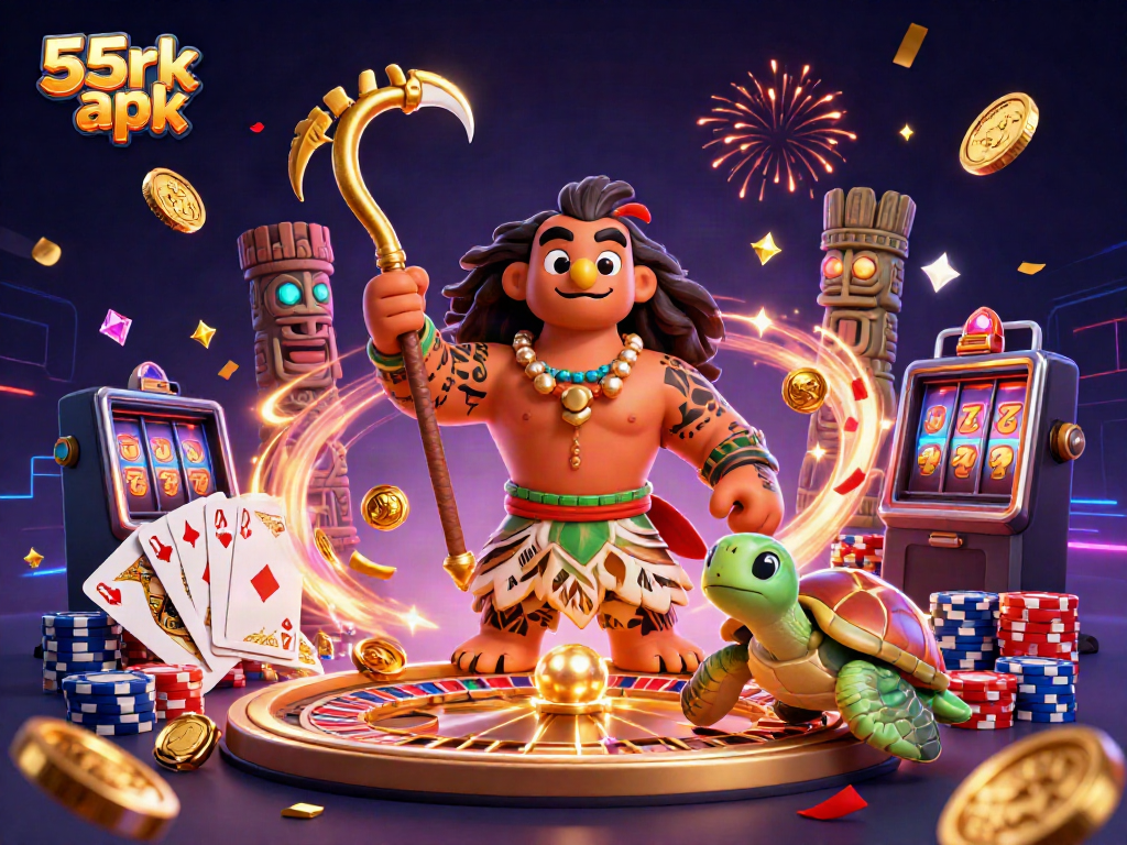 Experience thrilling gameplay with 55rk apk featuring a demigod hawk, turtle sidekick, and casino elements