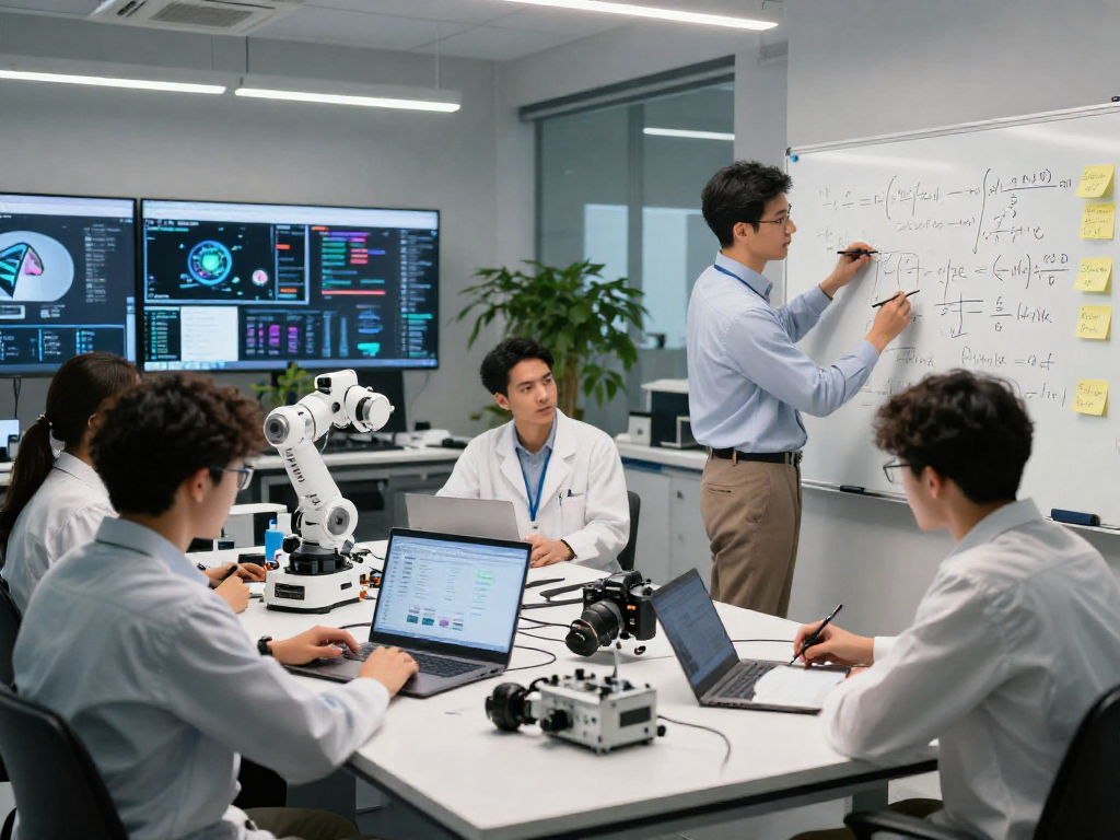 Innovative AI research lab showcasing teamwork on juicy ai projects with advanced technology and data analysis.