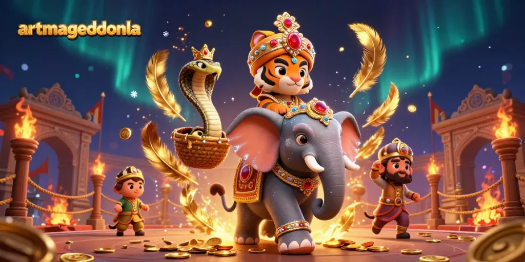 Engage in thrilling casino action with artmageddonla's dynamic gambling scene featuring a maharaja, elephant, and cobra.