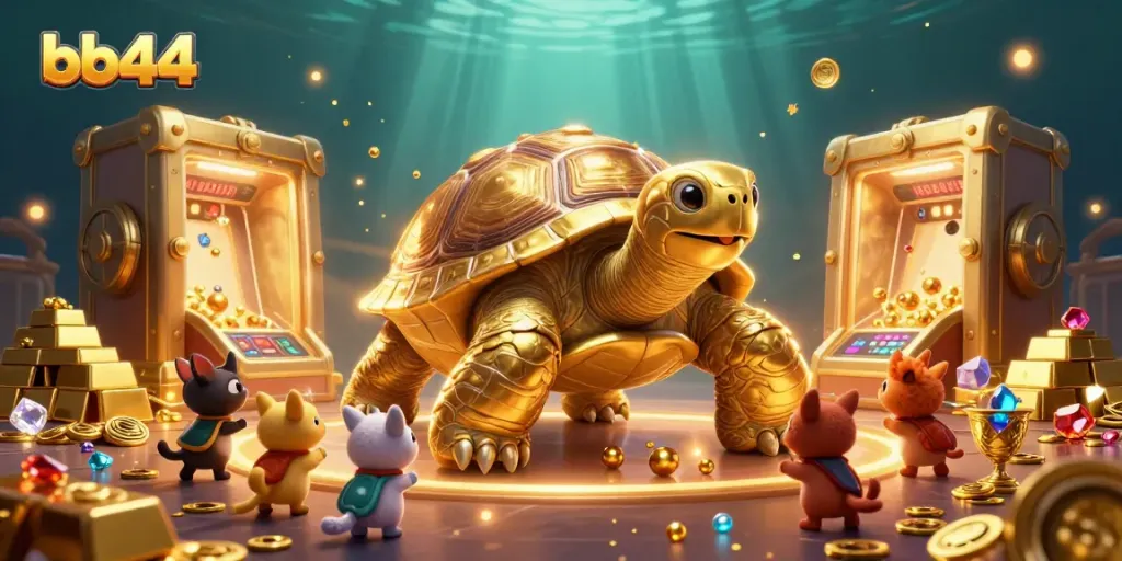 Play exciting games at bb44 with a golden tortoise pinball machine in a vibrant casino setting.