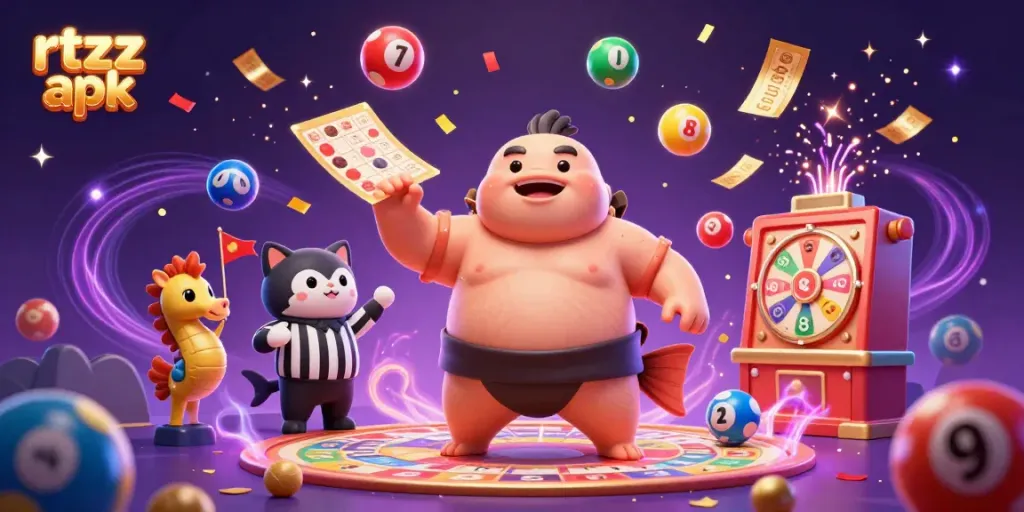 Engage with the exciting rtzz apk in a vibrant underwater gambling scene featuring a fun fugu and lottery elements.