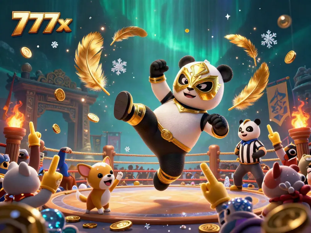 Engage with 777x in an exciting casino-themed scene featuring a panda wrestler and chihuahua referee.