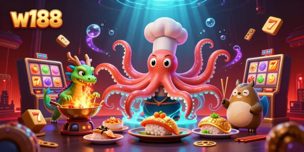 W188 sushi chef octopus serves golden dishes in a vibrant online casino scene.