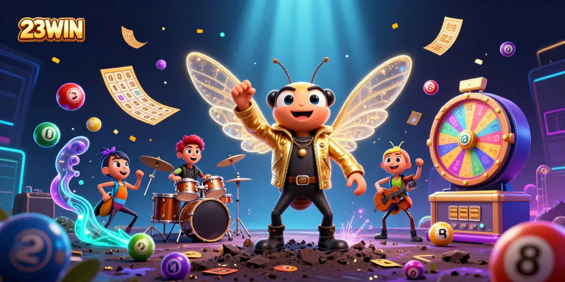 Engage with the vibrant 23WIN illustration showcasing a rockstar cicada and dynamic games.
