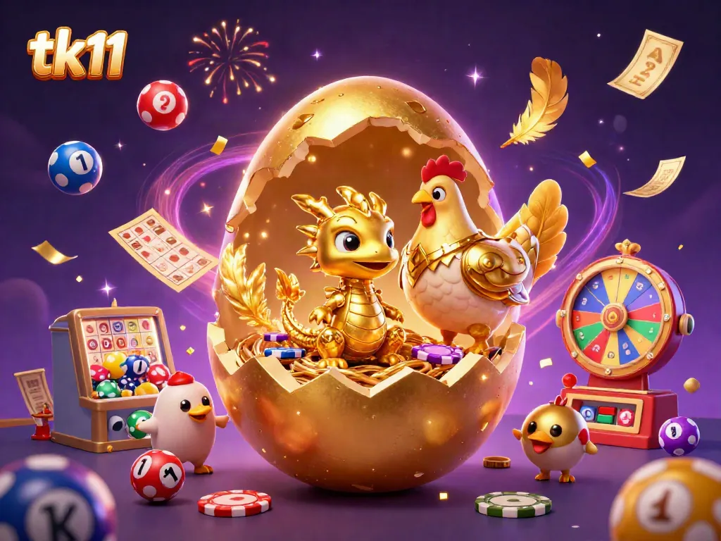 Engage with tk11's captivating virtual casino scene showcasing a golden dragon amidst colorful gaming elements.