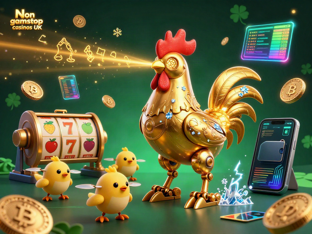 Experience the excitement of Non gamstop casinos UK with vibrant visuals of a retro-futuristic robot and gaming elements.