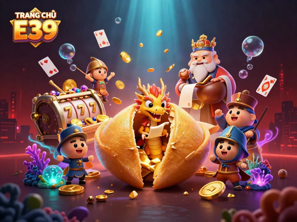 Engage with explosive luck at TRANG CHỦ E39 with a vibrant 3D illustration of fortune and games.