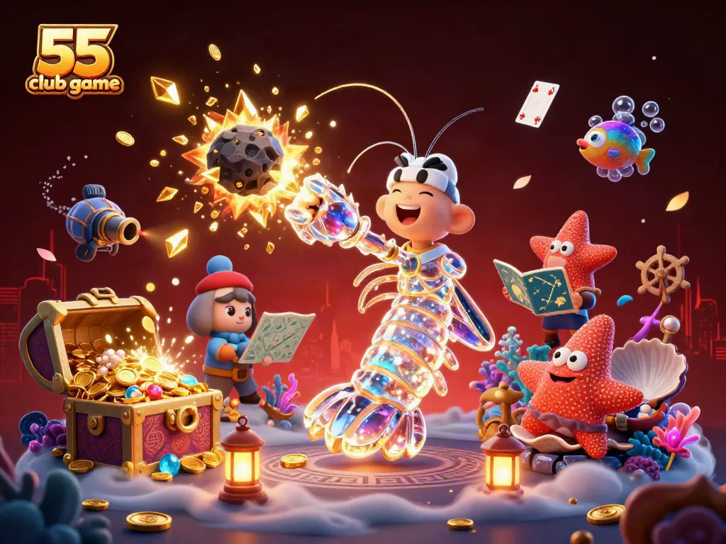 Experience the thrilling 55 club game as colorful gems explode in this vibrant casino scene.