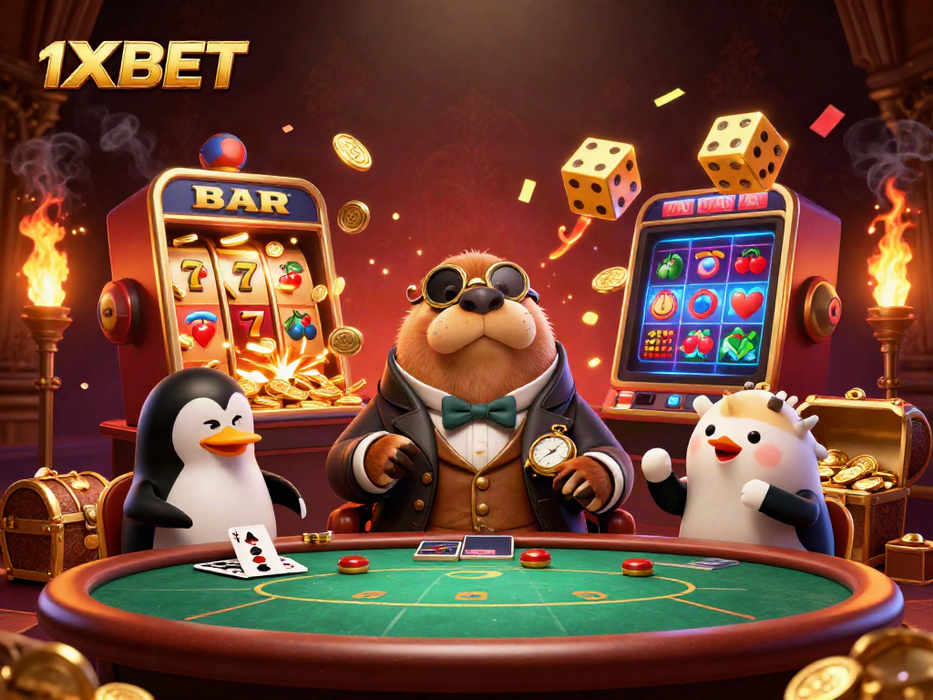 Experience the excitement at 1XBET with a jolly walrus at an underwater poker table, showcasing dynamic casino elements.