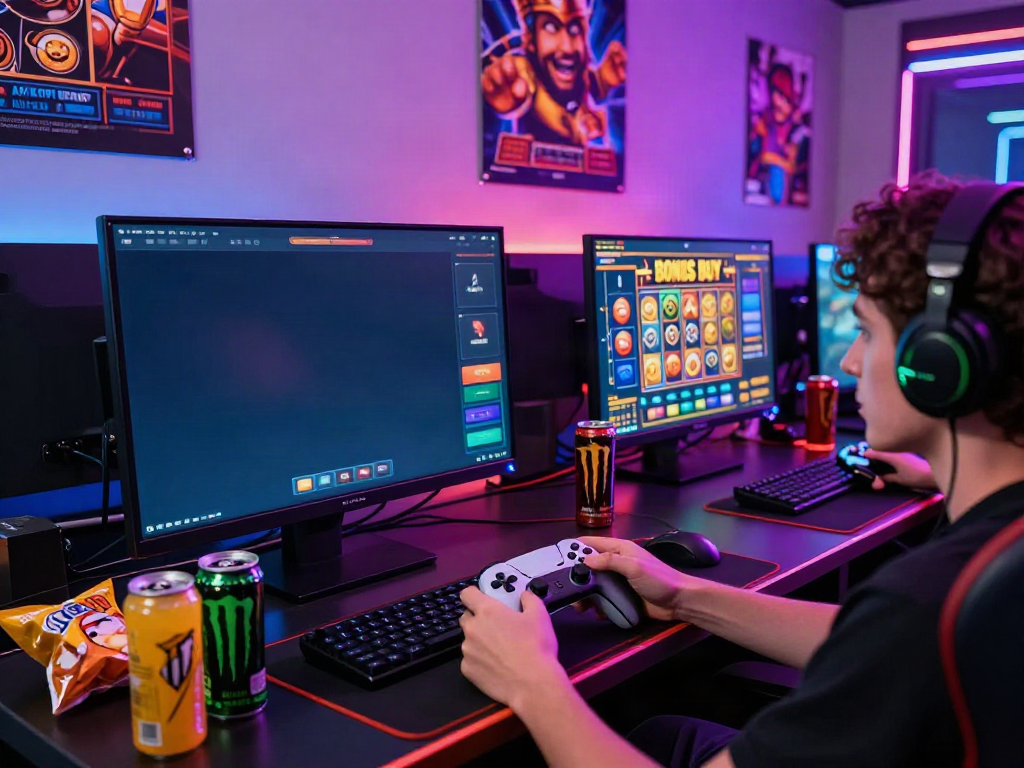 Engaging gaming setup showcasing Bonus Buy Slots at https://stargazyinn.co.uk surrounded by colorful LED lights.