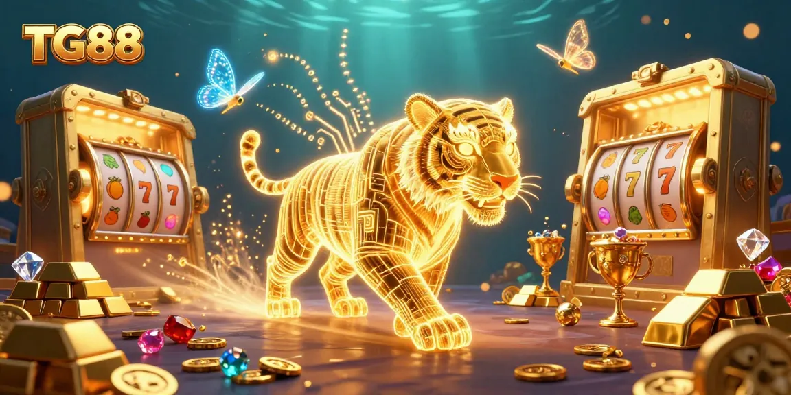 Engage in gaming adventures with TG88 amidst a dazzling digital casino backdrop featuring slot reels and treasures.