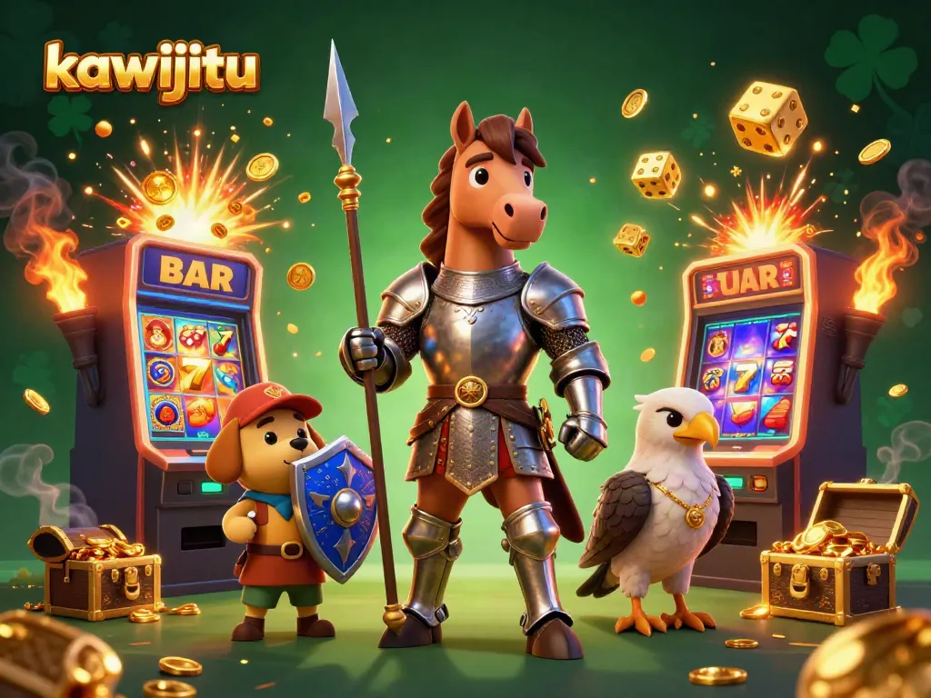 Kawijitu brings excitement with a knight, a shield-carrying puppy, and casino-themed elements in a vibrant scene.
