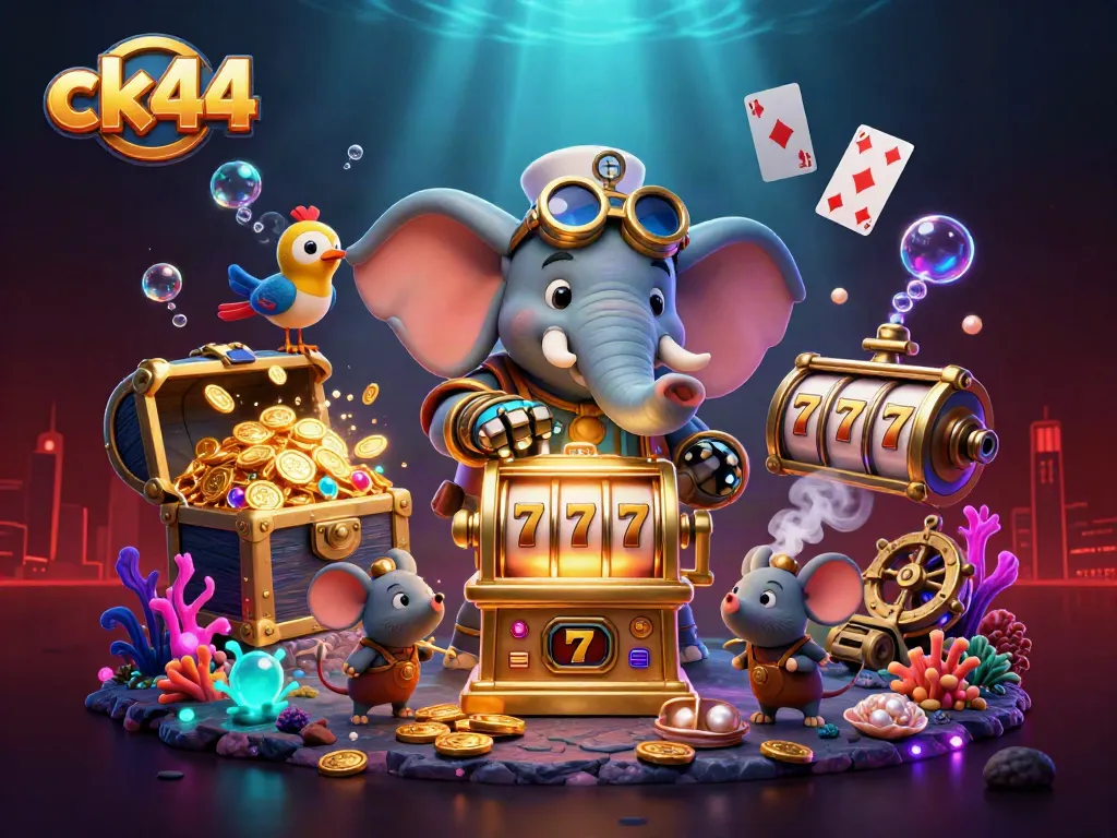 Experience thrilling gameplay with ck44 as the steampunk elephant operates a golden slot machine.