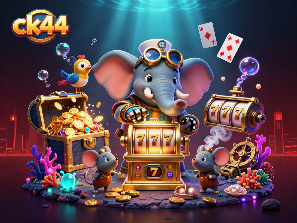 Experience thrilling gameplay with ck44 as the steampunk elephant operates a golden slot machine.