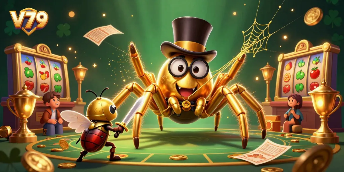 V79 casino-themed illustration depicting a golden tarantula and beetle knight amidst slot reels and betting slips.