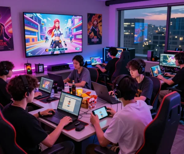Players enjoying popular porngame titles in a vibrant gaming setup with laptops and mobile devices.