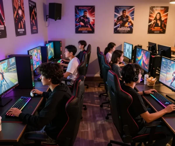 Friends enjoying real porn games in a vibrant gaming lounge setting, engaging with controllers and snacks.