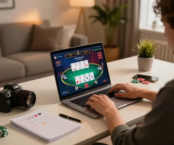 Player enjoying F168 online casino game on laptop with lively poker display and strategy notes.