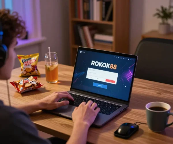 Engaging with ROKOK88 login on a laptop in a cozy home gaming setup