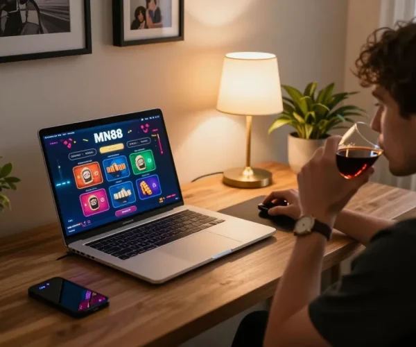 Engaging online gaming experience at MN88 with sleek laptop and home ambiance