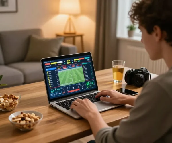 Person placing sports bets on kuwin. com from a modern home office, emphasizing engaging online gaming.