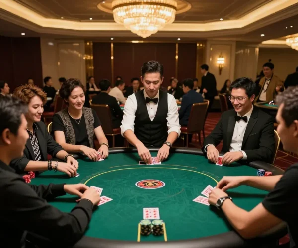 Players at casino poker table strategizing in a lively atmosphere of top game bài đổi thưởng.