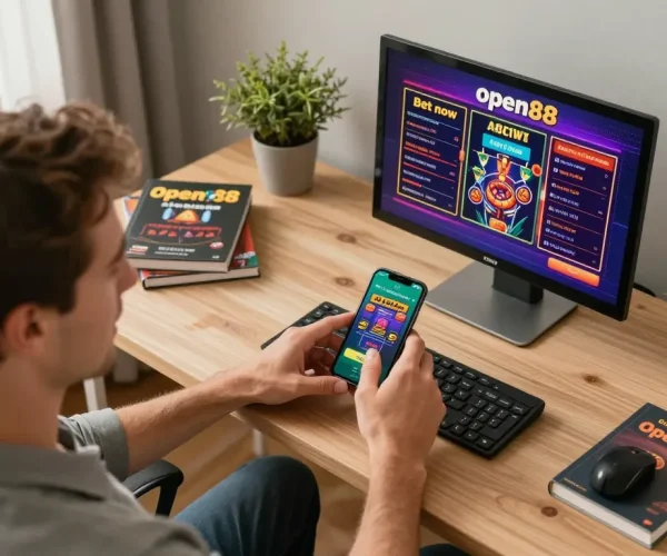 Engaging player betting on open88 casino app, showcasing dynamic online gaming experience in a cozy home.