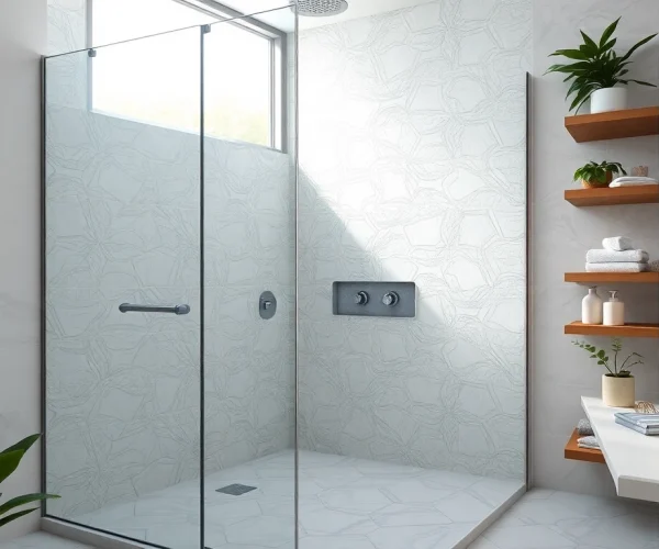 A stunning wet room shower featuring a glass enclosure and intricate tile patterns, illuminated by natural light.